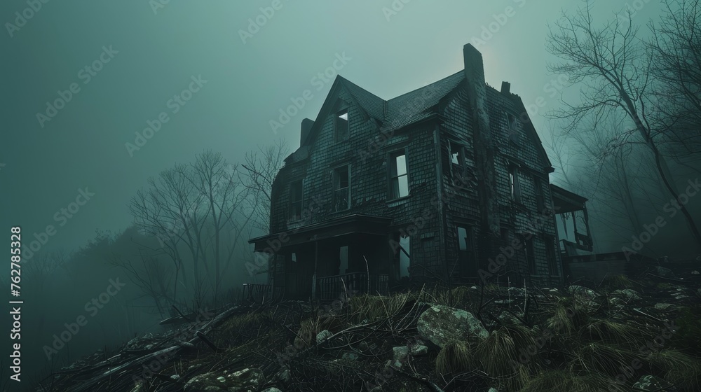 Eerie dusk settles over a dilapidated house enveloped in fog, where the windows glow with a haunting light, stirring a sense of mystery and suspense. - obrazy, fototapety, plakaty 