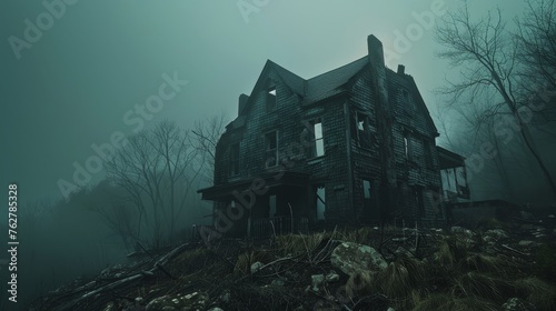 Eerie dusk settles over a dilapidated house enveloped in fog, where the windows glow with a haunting light, stirring a sense of mystery and suspense.