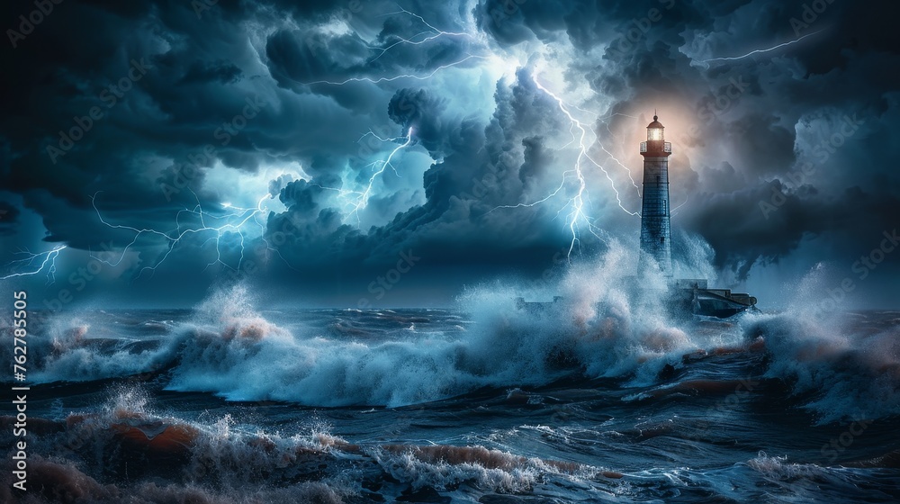 A powerful thunderstorm with striking lightning illuminates a solitary lighthouse amidst the turmoil of a raging sea, portraying the force of nature. - obrazy, fototapety, plakaty 