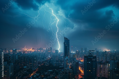 A close-up of a lightning bolt striking a towering skyscraper during a thunderstorm  with the city lights flickering below.
