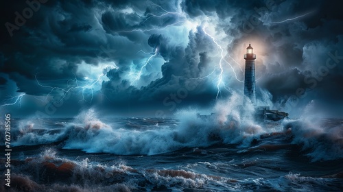A powerful thunderstorm with striking lightning illuminates a solitary lighthouse amidst the turmoil of a raging sea, portraying the force of nature.