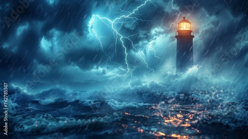 A powerful thunderstorm with striking lightning illuminates a solitary lighthouse amidst the turmoil of a raging sea, portraying the force of nature. photo