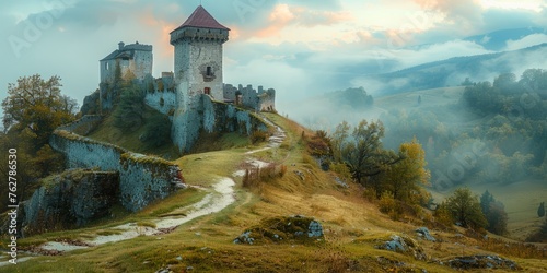 Background with the Old Gothic Castle in the hill