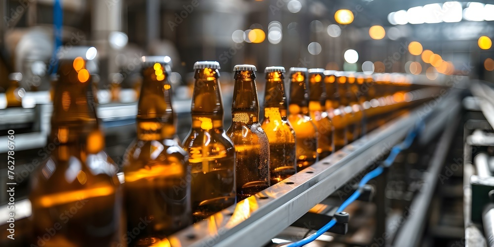 Beer bottle manufacturing process on a moving conveyor belt in a factory. Concept Beer Bottles, Manufacturing Process, Conveyor Belt, Factory Operations