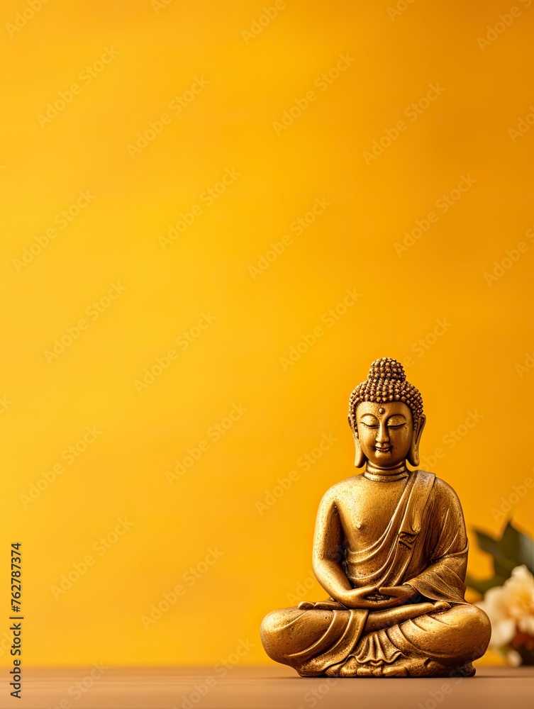 Buddha statue on golden background and copy space - generative ai