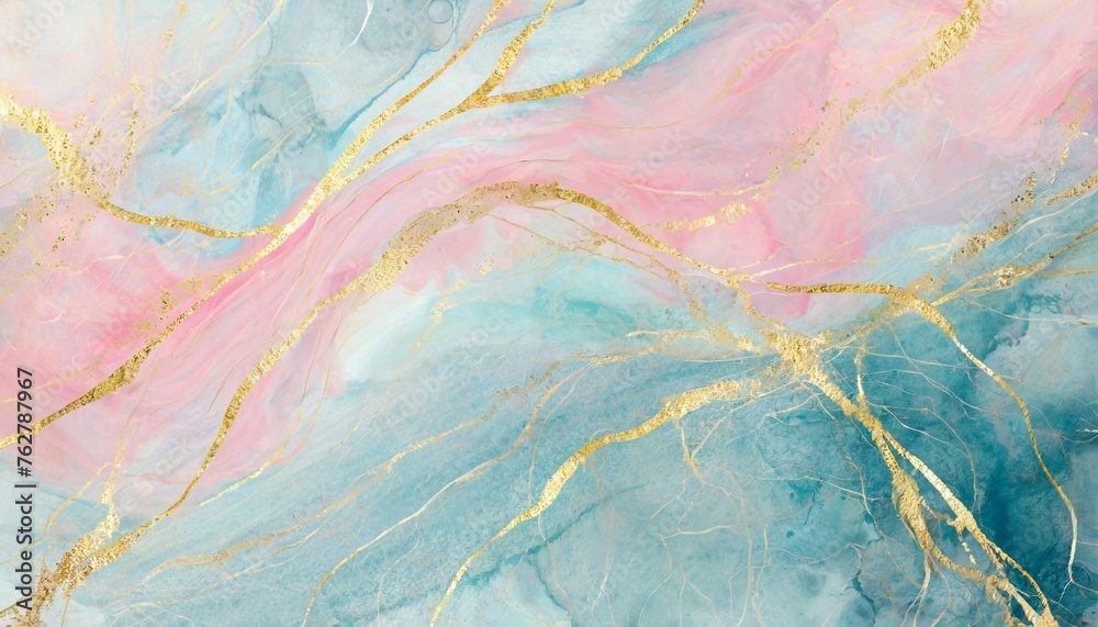 abstract watercolor paint background illustration soft pastel pink blue color and golden lines with liquid fluid marbled paper texture banner texture