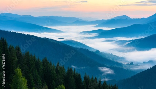 the landscape of pine forests on the mountains is interspersed with morning mist natural background concept © RichieS
