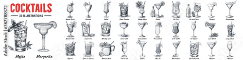 Alcoholic cocktails hand drawn vector illustration. Sketch set. Moscow mule, bloody mary, pina colada, mojito, margarita, daiquiri, Mimosa, long island iced tea, Bellini, margarita.