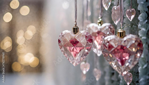 Elegant pink and white glass hearts hung on the white wall with sparkling blurred golden lights.