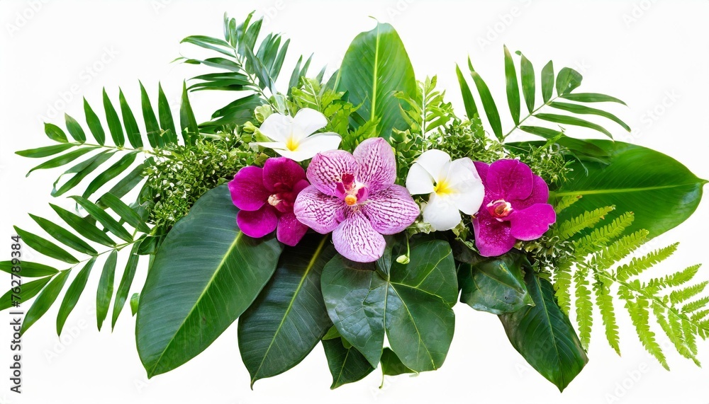 tropical leaves and flower garland bouquet arrangement mixes orchids flower with tropical foliage fern philodendron and ruscus leaves isolated on white background with clipping path