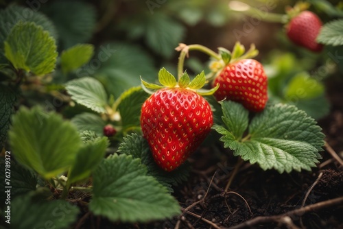 Red strawberry growing lush and ready for harvest. agriculture  farming and harvesting concept