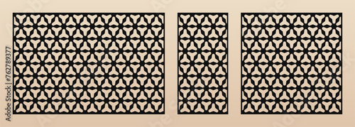 Laser cut patterns set. Vector decorative panels design with geometric ornament, abstract grid, lattice, curved shapes. Template for cnc cutting of wood, metal, plastic. Aspect ratio 3:2, 1:2, 1:1