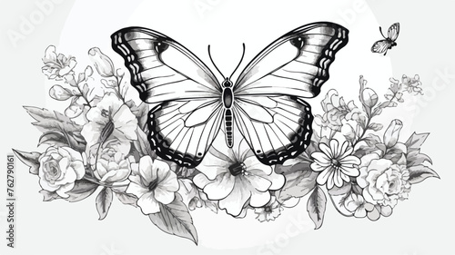 Butterfly and flower isolated hand drawn black and