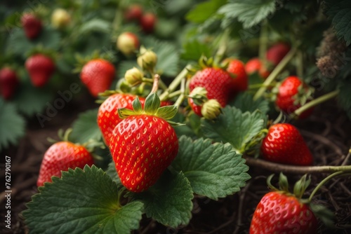 Red strawberry growing lush and ready for harvest. agriculture, farming and harvesting concept