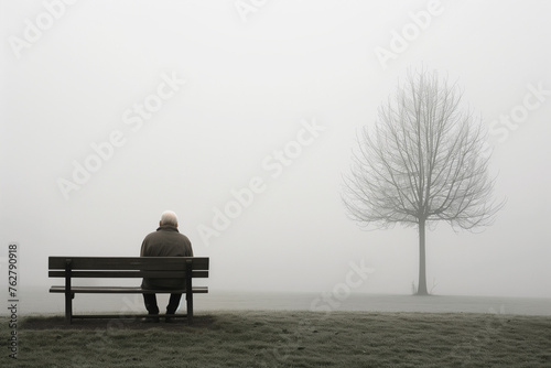 A minimalist photograph of an old man sitting on the bench in a foggy park setting