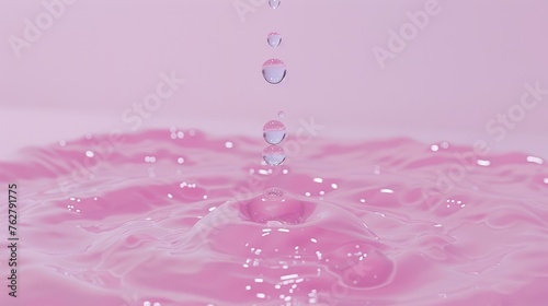 a close up of a pink liquid with drops of water coming out of the top and bottom of the drop.