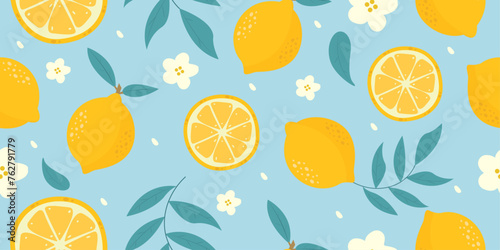 Colorful lemons and leaves seamless pattern. Exotic summer background. Hand-drawn fruit pattern. Vector illustration.