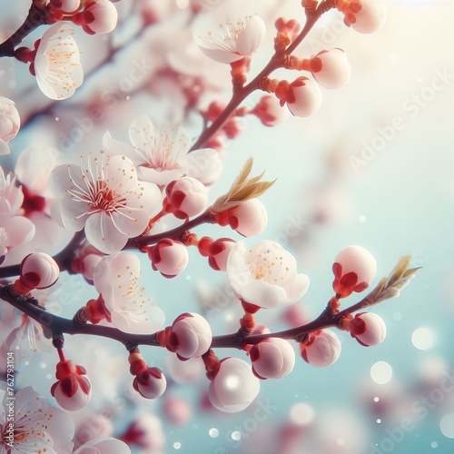 A captivating spring abstract background featuring blooming apricot branches in macro, with a soft focus on a serene light blue sky backdrop, ideal for Easter and spring greeting cards