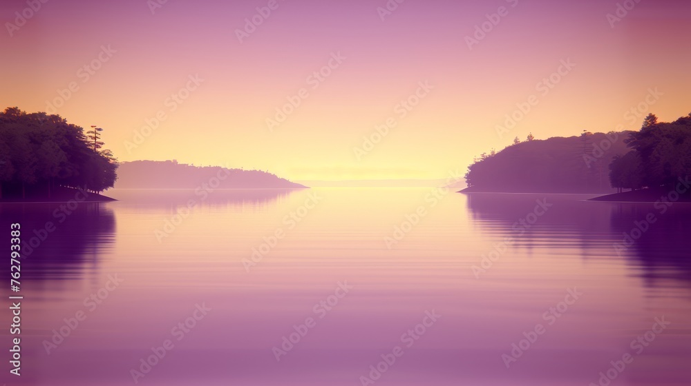 a large body of water with trees on both sides of it and a sunset in the middle of the water.