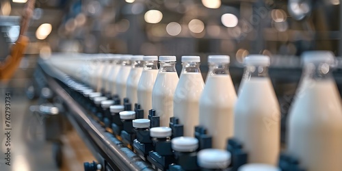 Efficient Automated Milk Bottling Production Line in a Modern Factory. Concept Automated Production, Milk Bottling, Factory Efficiency, Modern Technology, Industrial Innovation