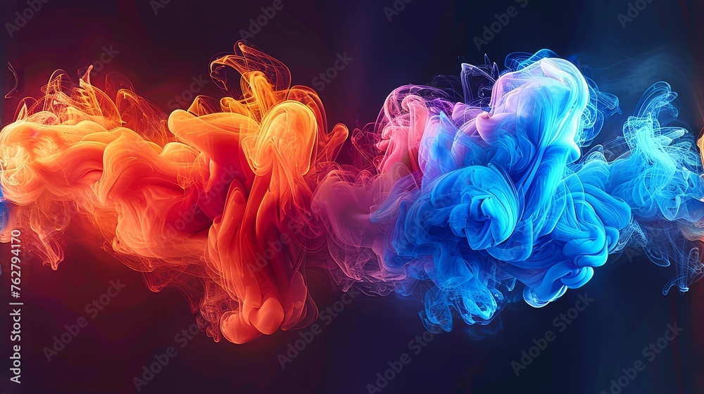 a group of different colored smokes floating in the air on a blue, red, orange and black background.