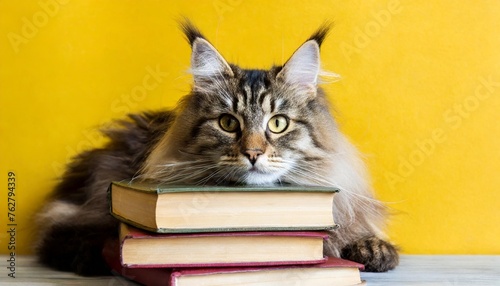 cute fluffy cat peeks out from behind a stack of books on a yellow background