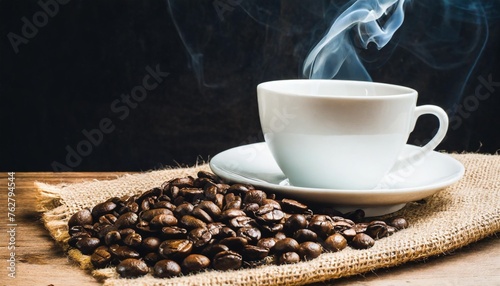 coffee cup with smoke and beans on burlap on wooden background
