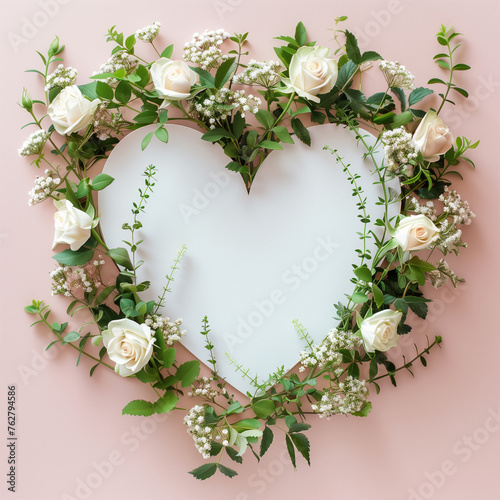 A white heart-shaped frame with roses on a pink background, flat lay