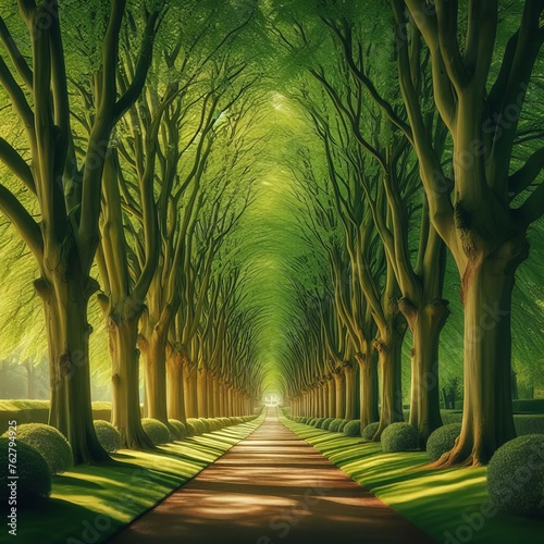 A captivating lime tree avenue resembling a tunnel, adorned with fresh green foliage, located in the park of Hundisburg Castle, Haldensleben, Saxony-Anhalt, Germany, Europe photo