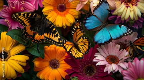 Close-up Macro View  Colorful Butterflies on Flowers