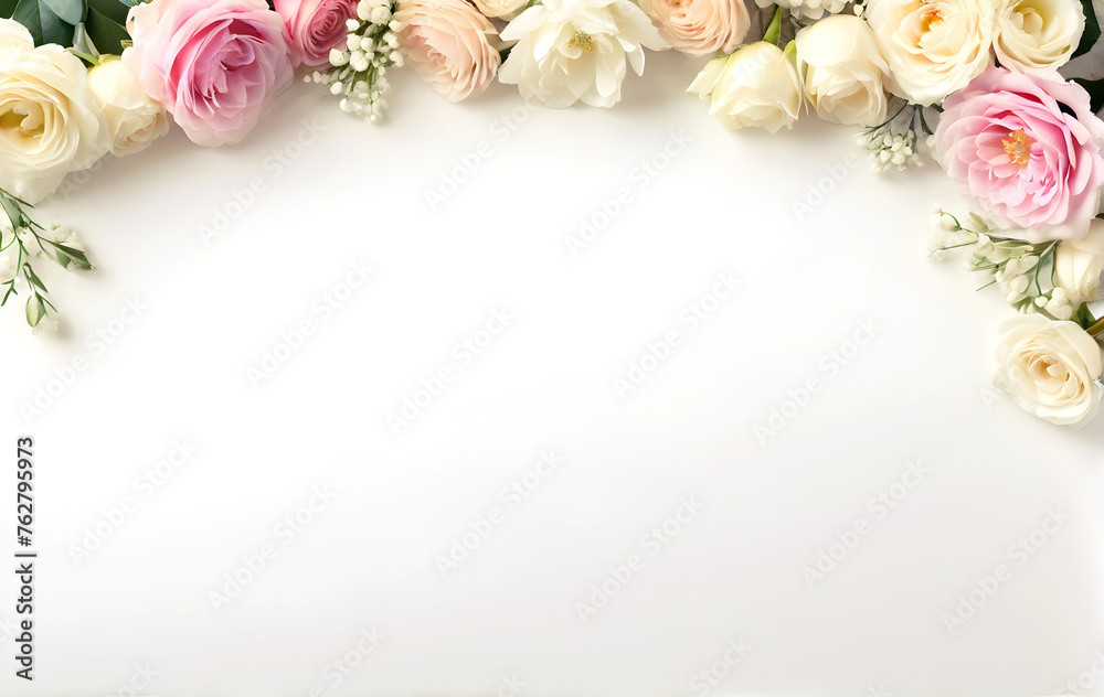 Frame of white and pink roses on white background for wedding invitation, greeting card, web. spring and summer copy space pastel color Frame of white and pink roses on white background for wedding invitation, greeting card, web. spring and summer copy space pastel color