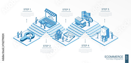 3d line isometric ecommerce infographic template. Online shop, customer journey presentation layout. 5 option steps, process parts growth concept. Business people team. Market consumer experience icon © Hilch