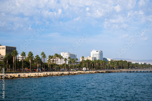 Aerial view of the sea and city with skyscrapers in Limassol