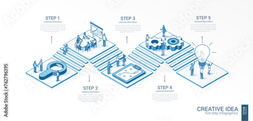 3d line isometric innovative creative idea infographic template. Startup, teamwork presentation layout. 5 option steps, process parts, growth concept. Business people team. Bulb, grow up, plan icon © Hilch