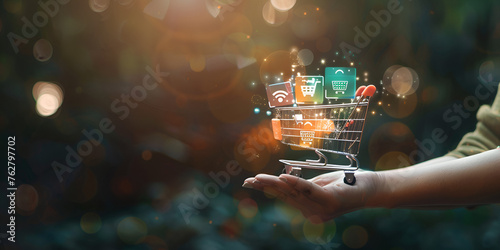 shopping cart on a screen surrounded by various lights and elements A female hand and a shopping cart icon, concept of starting a sale, online shopping, increasing business profits during seasonal. photo