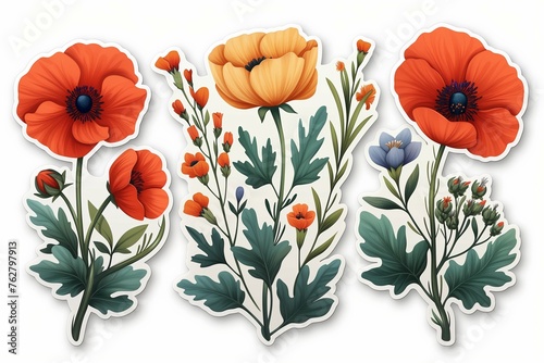 A vibrant array of flower stickers  showcasing blooms in blue