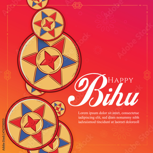 happy bihu social media poster template., Greeting background with gamosa, japi and pepa for north east Indian Assamese New Year or festival Bihu. 