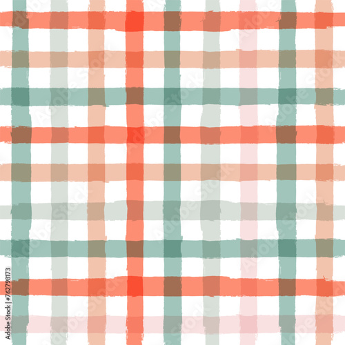 Gingham seamless pattern. Watercolor pastel plaid ornament. Brush stripes tartan texture for shirts, tablecloths, clothes, bedding, blankets. Vector checkered summer girly print