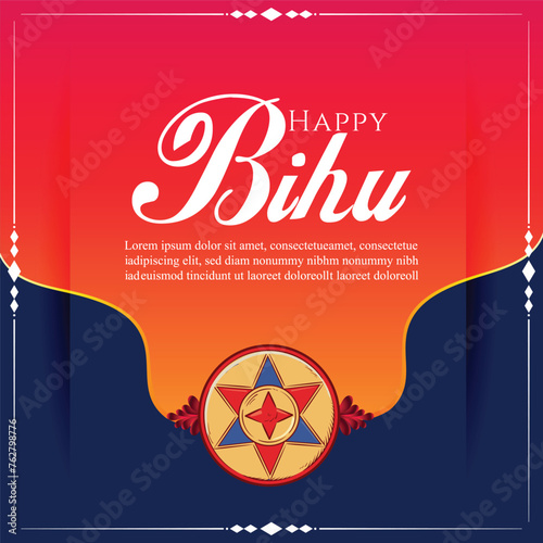 happy bihu social media poster template., Greeting background with gamosa, japi and pepa for north east Indian Assamese New Year or festival Bihu.  photo