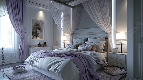 Bedroom with a serene palette of soft lavender and gray, a canopy bed, and recessed ceiling lights