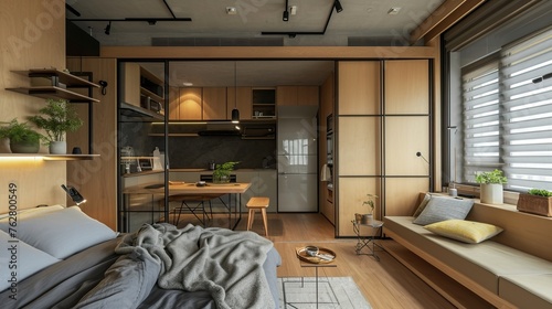 Compact studio apartment with Japandi design multifunction