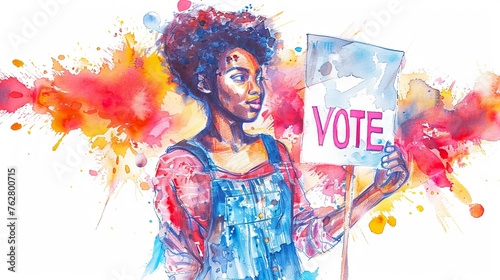 African American woman holding a VOTE sign, watercolor artwork. Black female voter. Civic engagement and diversity in democracy concept for election related visuals and voter outreach campaigns. photo