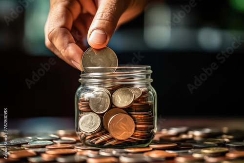 A jar full of coins is being poured into a hand. The coins are of different denominations and colors, including pennies, nickels, dimes, and quarters. Concept of generosity and giving photo
