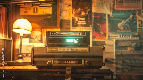 A vintage cassette player on a table amidst a warmly lit retro music room. Ambiance of nostalgia with classic rock background. Concept of musical heritage, analog entertainment, vintage audio. photo