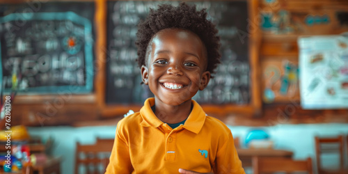 Joyful young child with a bright smile in a classroom setting. Generative AI.