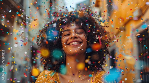 Joyful Celebration: Smiling Woman Dancing in a Shower of Confetti photo