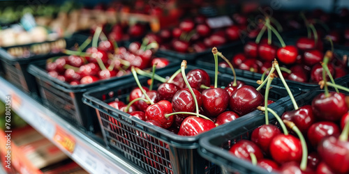 Gleaming red cherries displayed in market baskets, blur of produce shelves in the background. Generative AI.