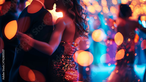 Young couple dances in romantic embrace, blurred lights creating a fairytale ambiance. Generative AI. photo