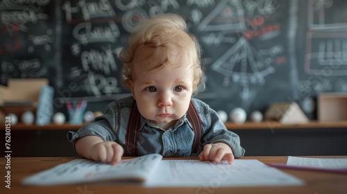 Toddler with a curious gaze over a book in a room of mathematical chalkboard doodles. Generative AI.