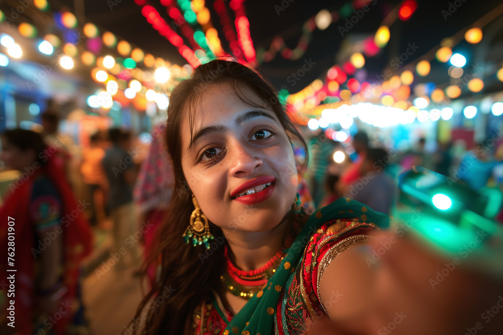 A woman is smiling and taking a selfie in a crowded area A woman is smiling and taking a selfie in a crowded area